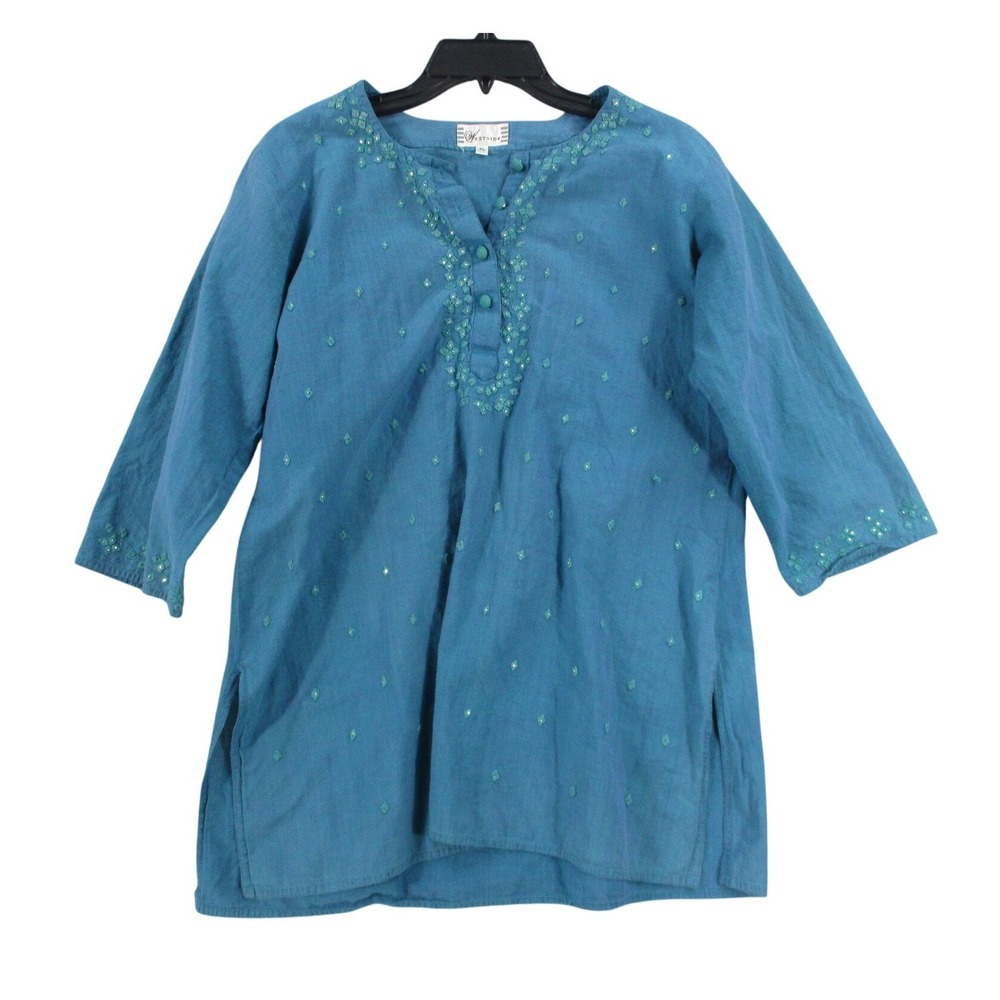 Westside Womens‎ XL Teal Blue Beaded Sequin Tunic Top 3/4 Sleeve V-Neck Blouse